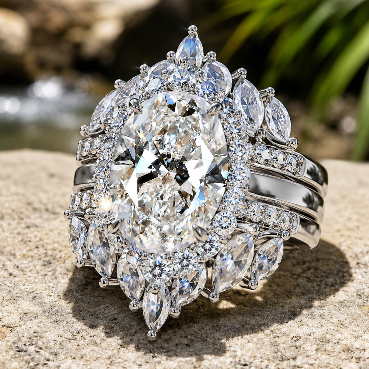 Halo Vintage Design 6CT Moissanite Center Stone Bridal Set With Open Shank Bnad and Marquise Cut Accent Moissanites #MCBSM0007
