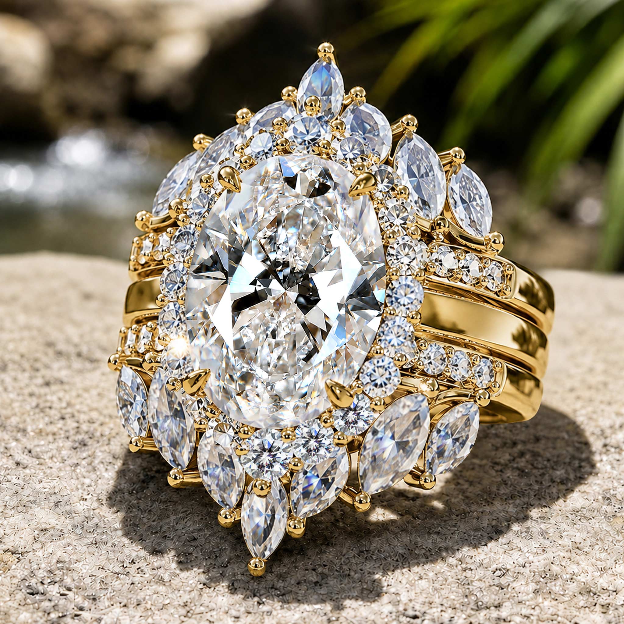 Halo Vintage Design 6CT Moissanite Center Stone Bridal Set With Open Shank Bnad and Marquise Cut Accent Moissanites #MCBSM0007