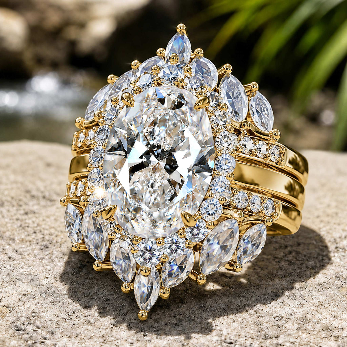 Halo Vintage Design 6CT Moissanite Center Stone Bridal Set With Open Shank Bnad and Marquise Cut Accent Moissanites #MCBSM0007
