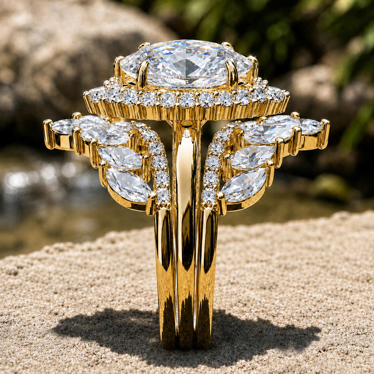 Halo Vintage Design 6CT Moissanite Center Stone Bridal Set With Open Shank Bnad and Marquise Cut Accent Moissanites #MCBSM0007