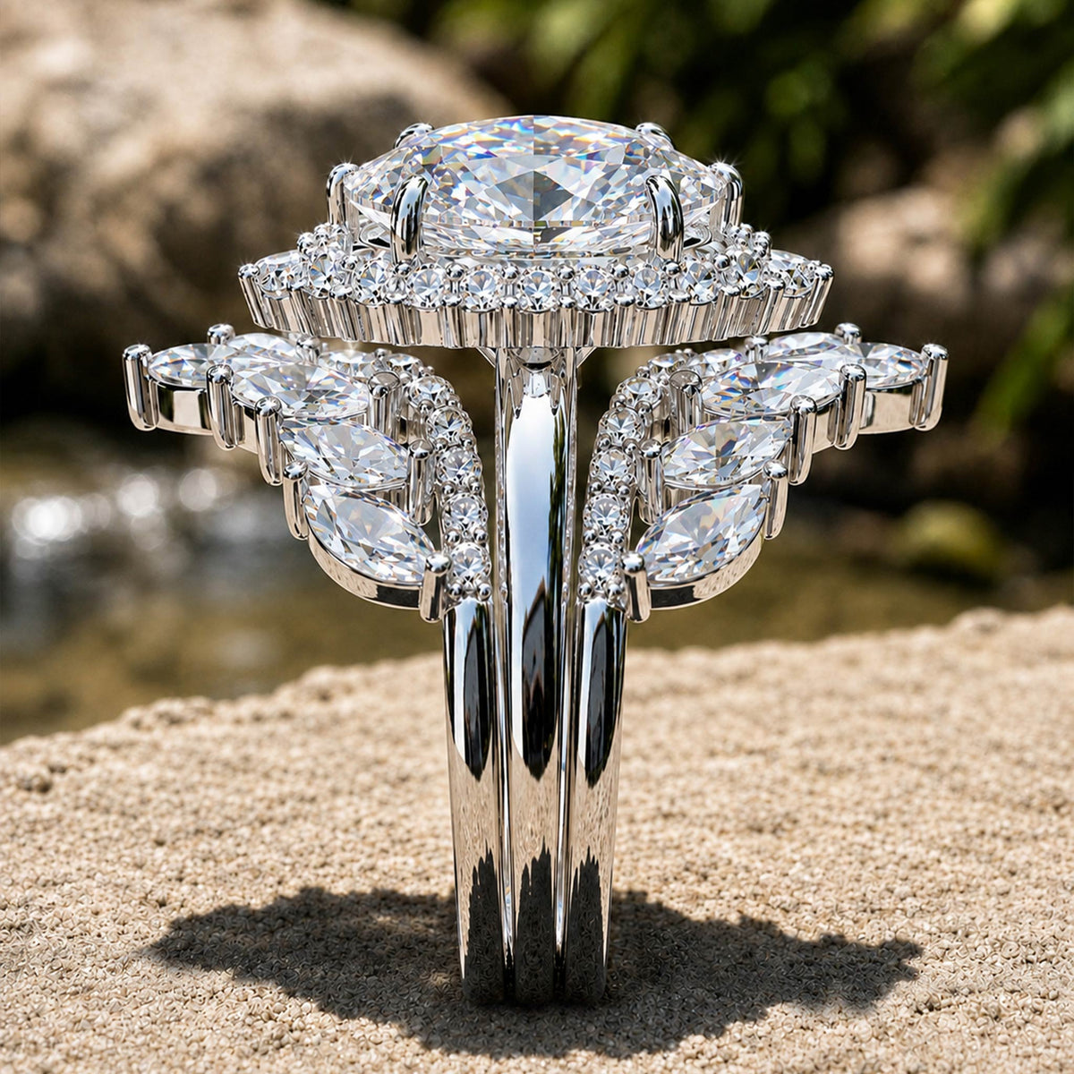 Halo Vintage Design 6CT Moissanite Center Stone Bridal Set With Open Shank Bnad and Marquise Cut Accent Moissanites #MCBSM0007