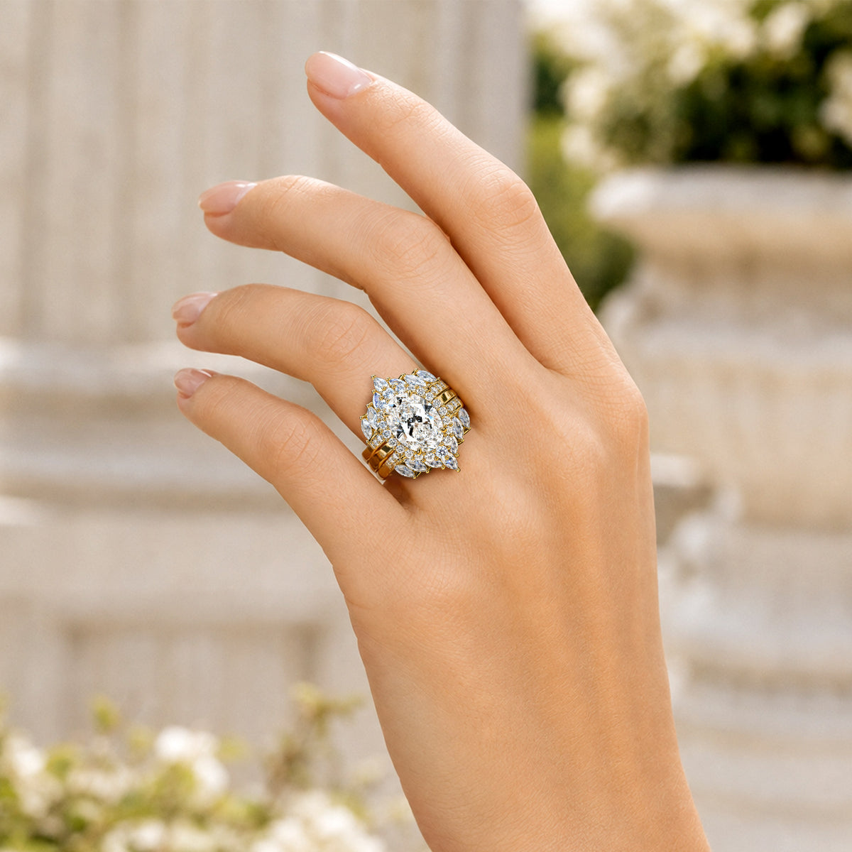 Halo Vintage Design 6CT Moissanite Center Stone Bridal Set With Open Shank Bnad and Marquise Cut Accent Moissanites #MCBSM0007