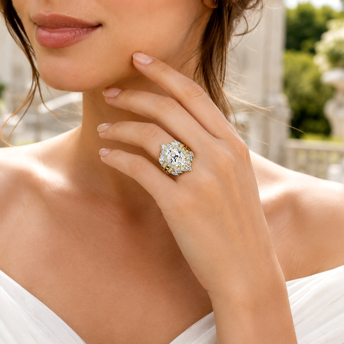 Halo Vintage Design 6CT Moissanite Center Stone Bridal Set With Open Shank Bnad and Marquise Cut Accent Moissanites #MCBSM0007