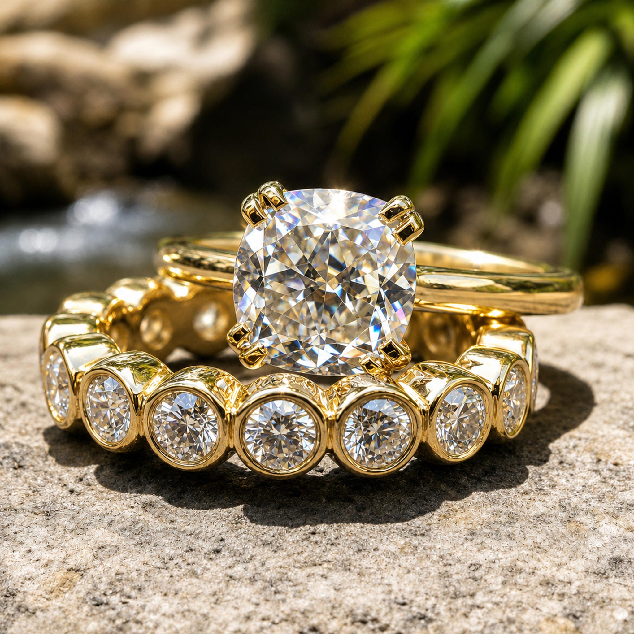 Classic Design Cushion Cut Moissanite Center Stone Cathedral Basket Bridal Set With Pave Moissanite Band #MCBSM0009