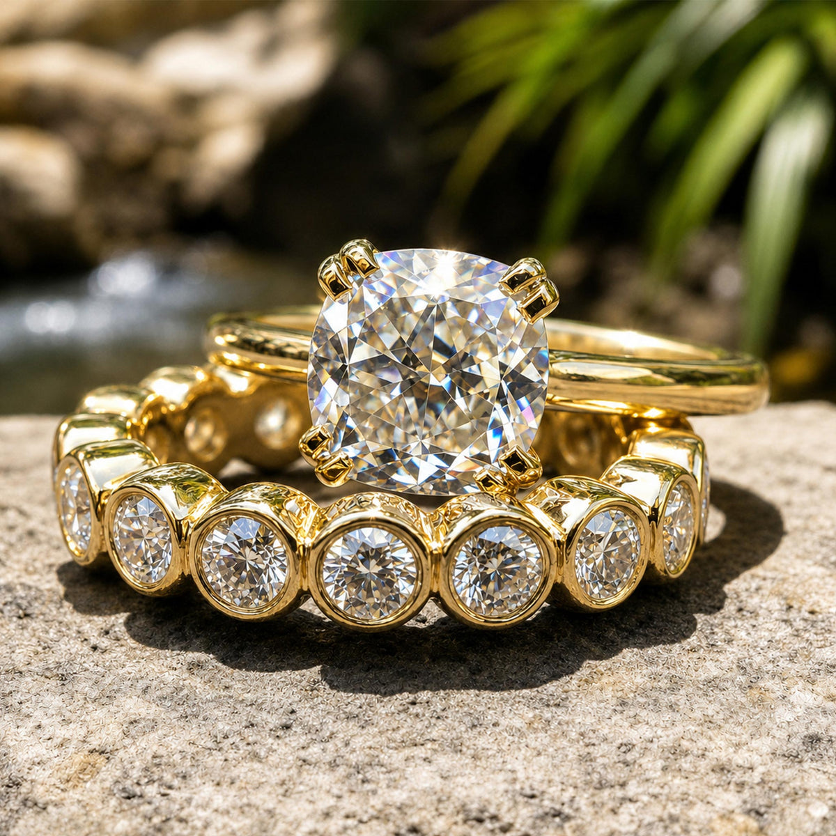 Classic Design Cushion Cut Moissanite Center Stone Cathedral Basket Bridal Set With Pave Moissanite Band #MCBSM0009