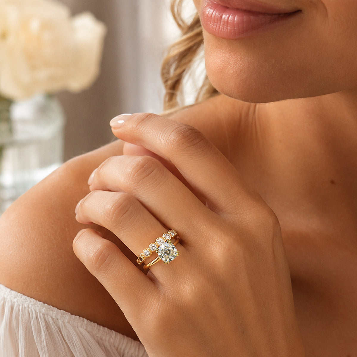 Classic Design Cushion Cut Moissanite Center Stone Cathedral Basket Bridal Set With Pave Moissanite Band #MCBSM0009
