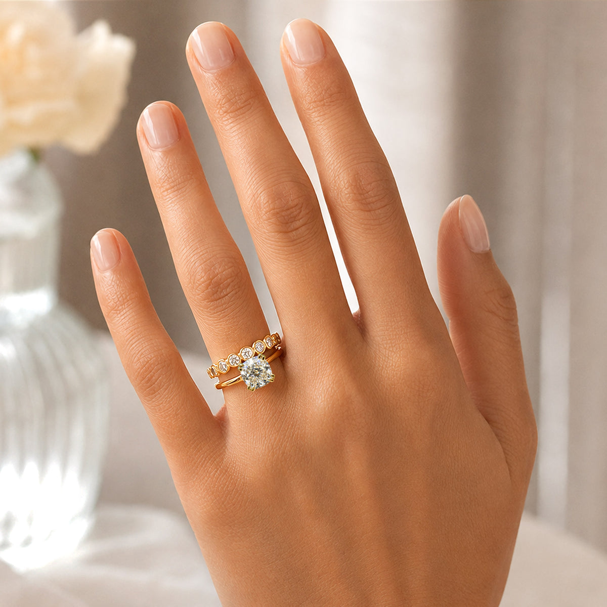 Classic Design Cushion Cut Moissanite Center Stone Cathedral Basket Bridal Set With Pave Moissanite Band #MCBSM0009