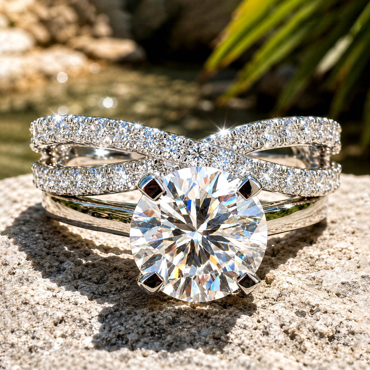 Modern Design Round Cut Moissanite Cathedral Basket Pave Twisted Shank Bridal Set With Round Cut Accent Stones #MCBSM0010