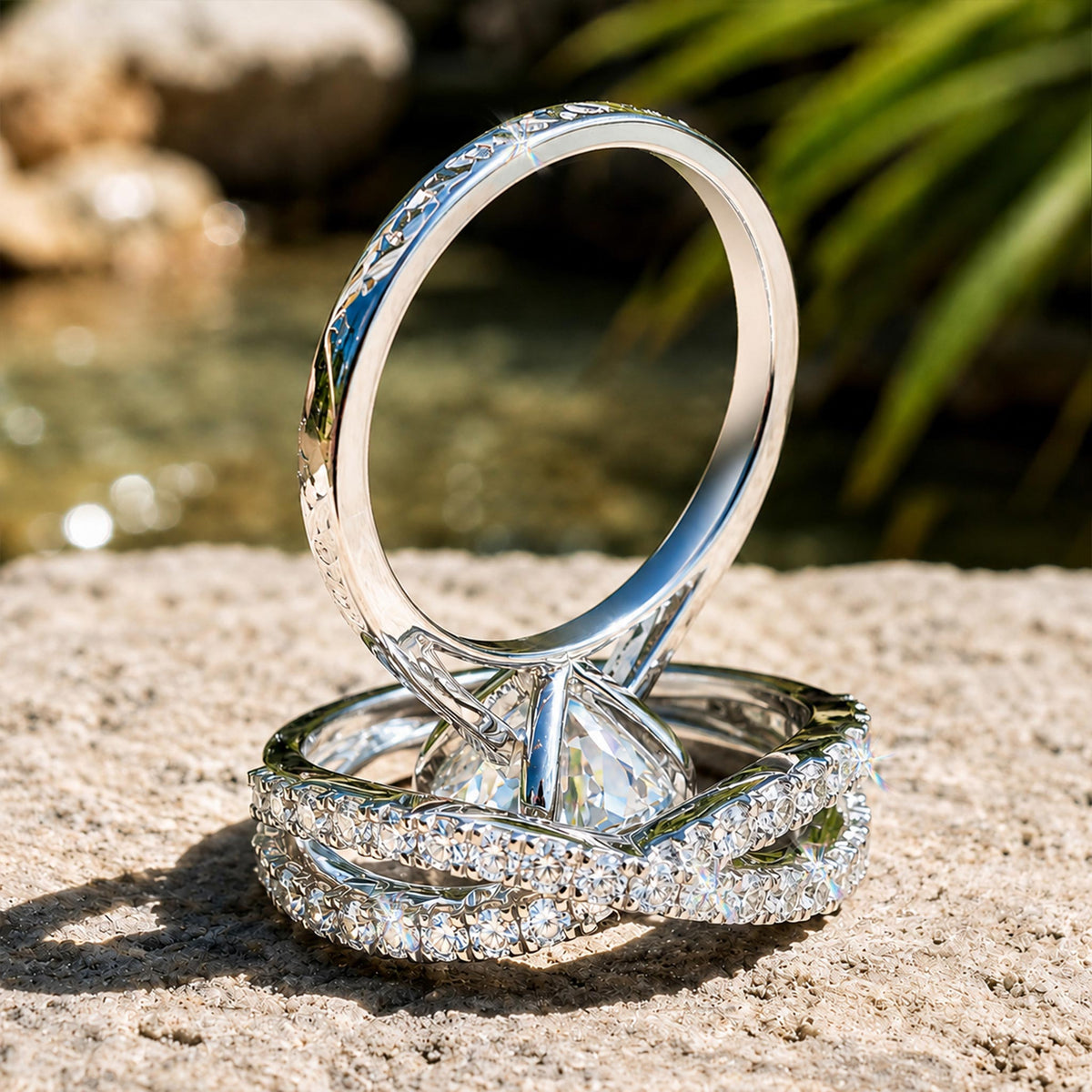 Modern Design Round Cut Moissanite Cathedral Basket Pave Twisted Shank Bridal Set With Round Cut Accent Stones #MCBSM0010