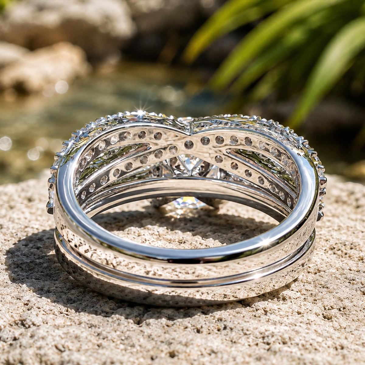 Modern Design Round Cut Moissanite Cathedral Basket Pave Twisted Shank Bridal Set With Round Cut Accent Stones #MCBSM0010