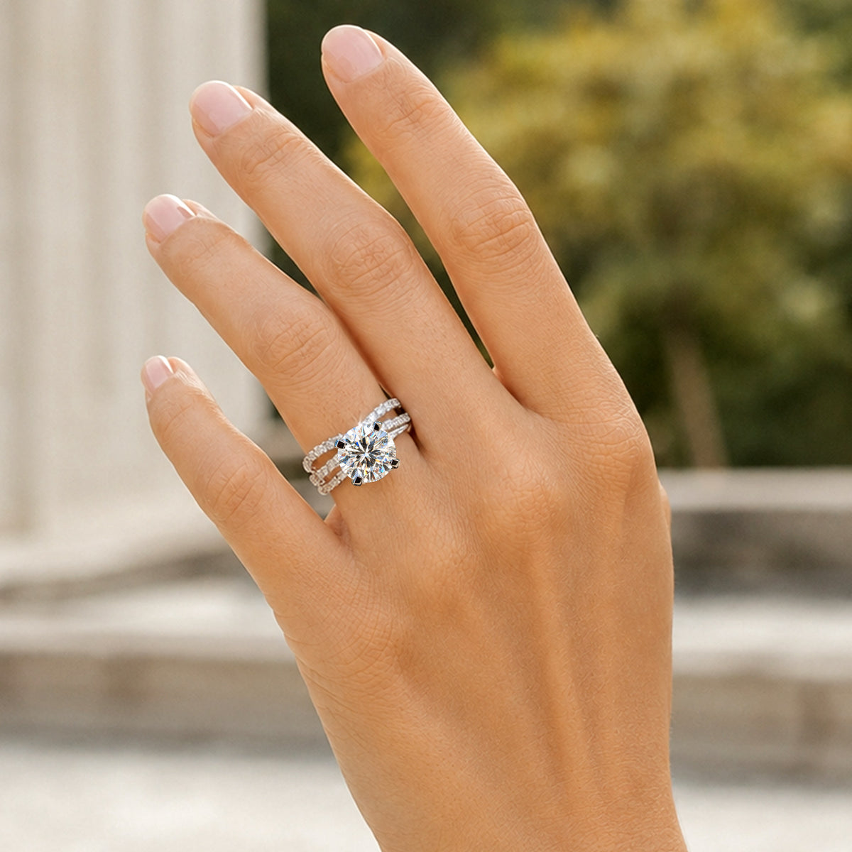 Modern Design Round Cut Moissanite Cathedral Basket Pave Twisted Shank Bridal Set With Round Cut Accent Stones #MCBSM0010