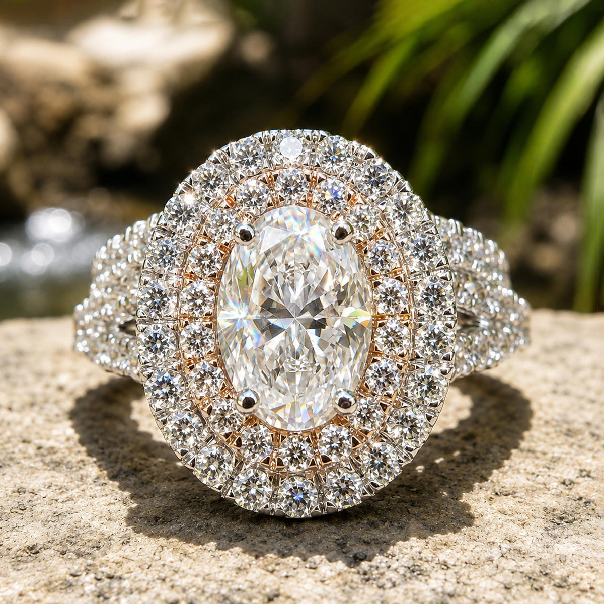 Halo Vintage Design Oval Cut Moissanite Cathedral Basket Pave Shank Bridal Set With Round Cut Accent Stones #MCBSM0011