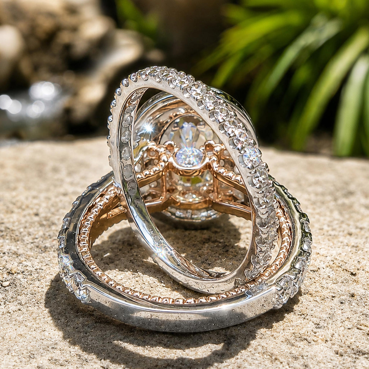 Halo Vintage Design Oval Cut Moissanite Cathedral Basket Pave Shank Bridal Set With Round Cut Accent Stones #MCBSM0011