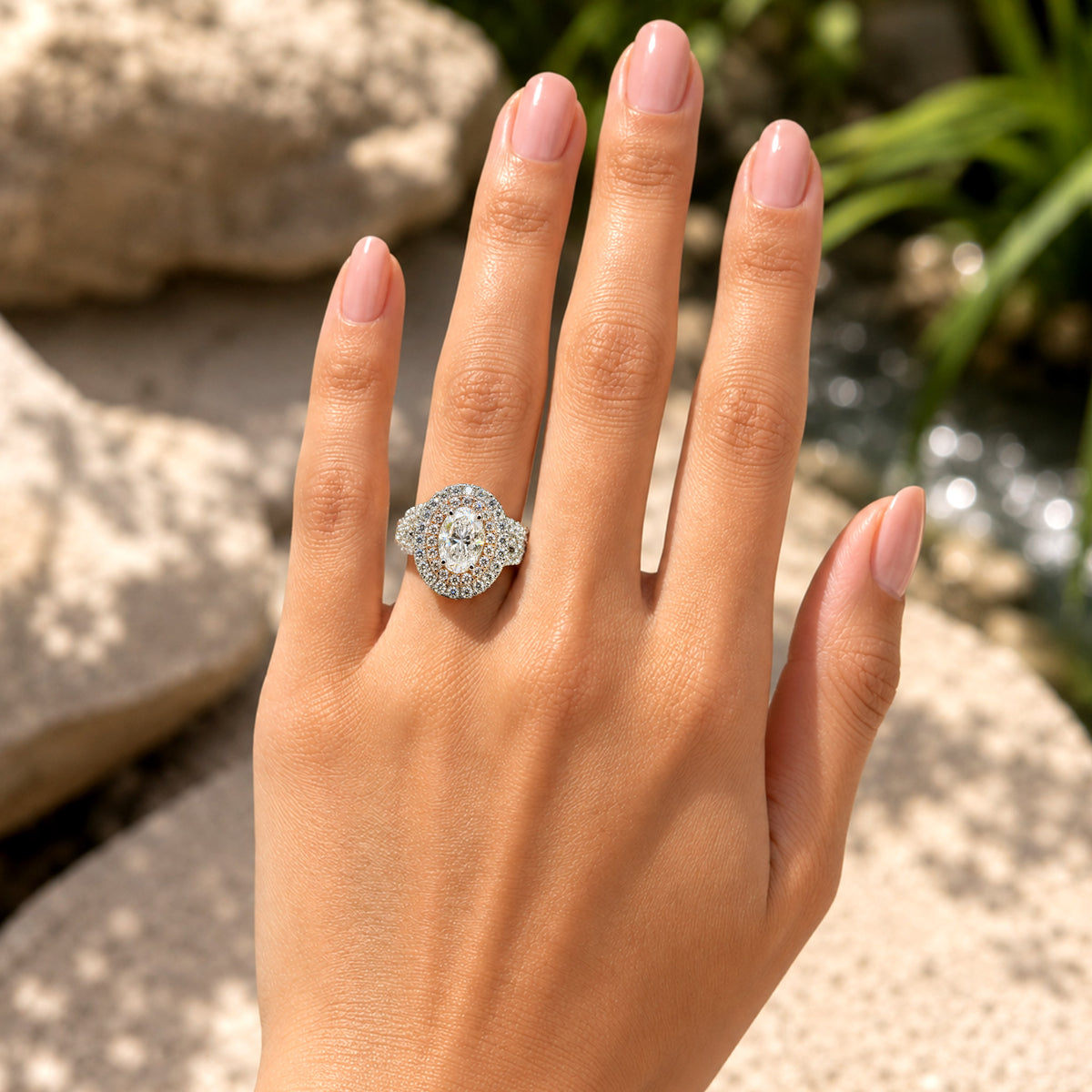 Halo Vintage Design Oval Cut Moissanite Cathedral Basket Pave Shank Bridal Set With Round Cut Accent Stones #MCBSM0011