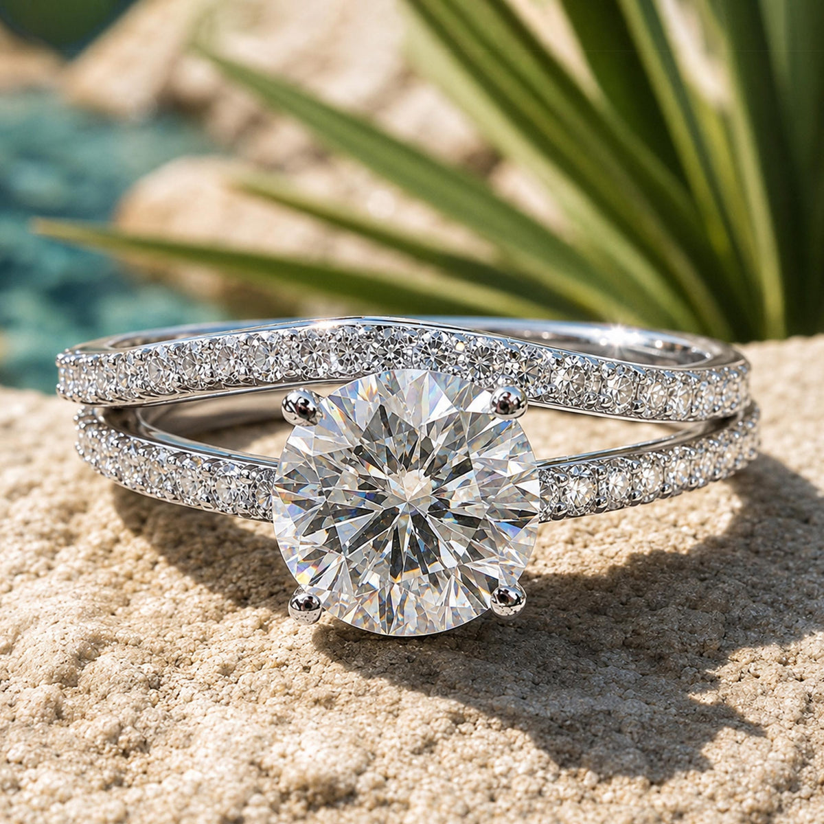 Modern Design Round Cut Moissanite Tulip Cathedral Basket Pave Shank Bridal Set With Round Cut Accent Stones #MCBSM0013