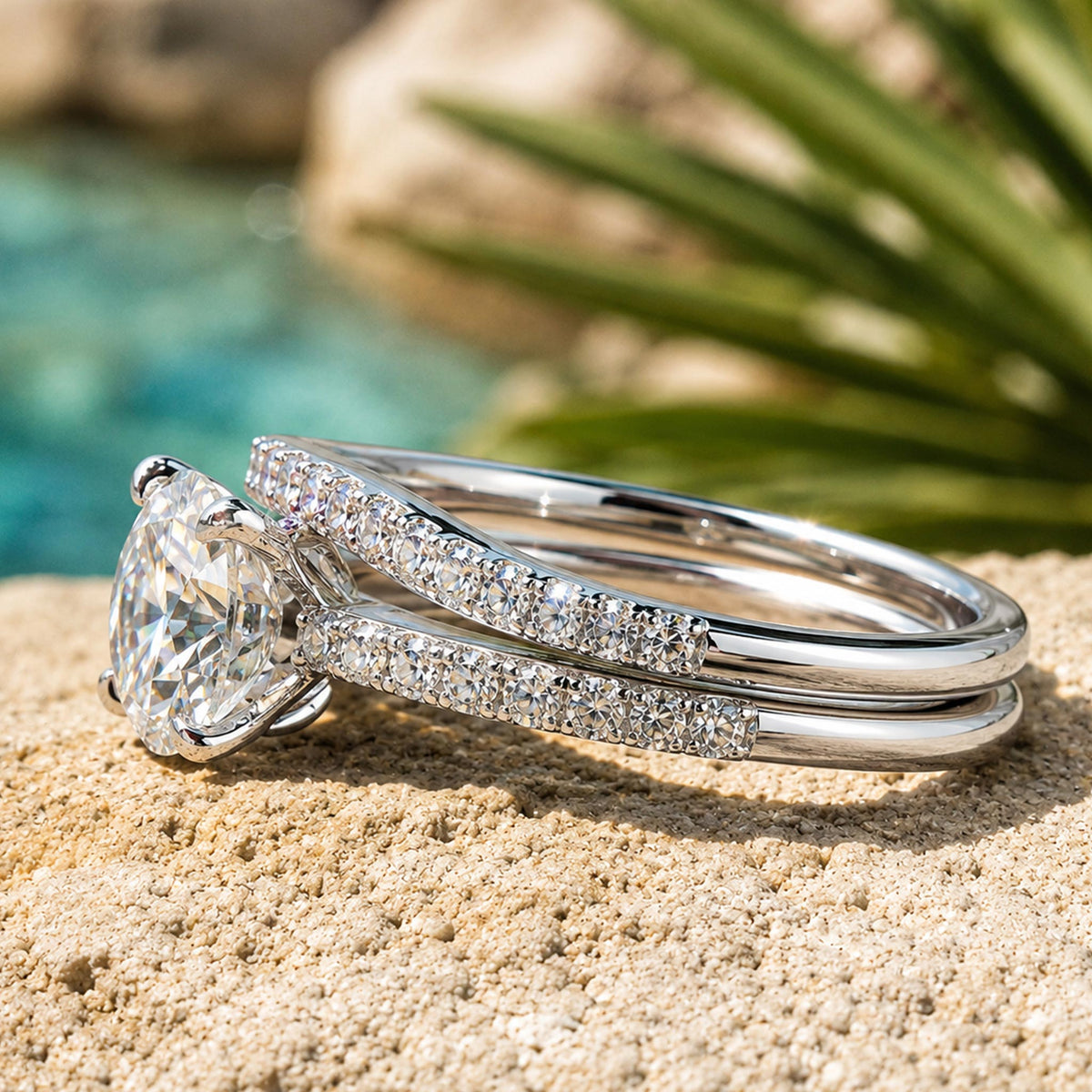 Modern Design Round Cut Moissanite Tulip Cathedral Basket Pave Shank Bridal Set With Round Cut Accent Stones #MCBSM0013