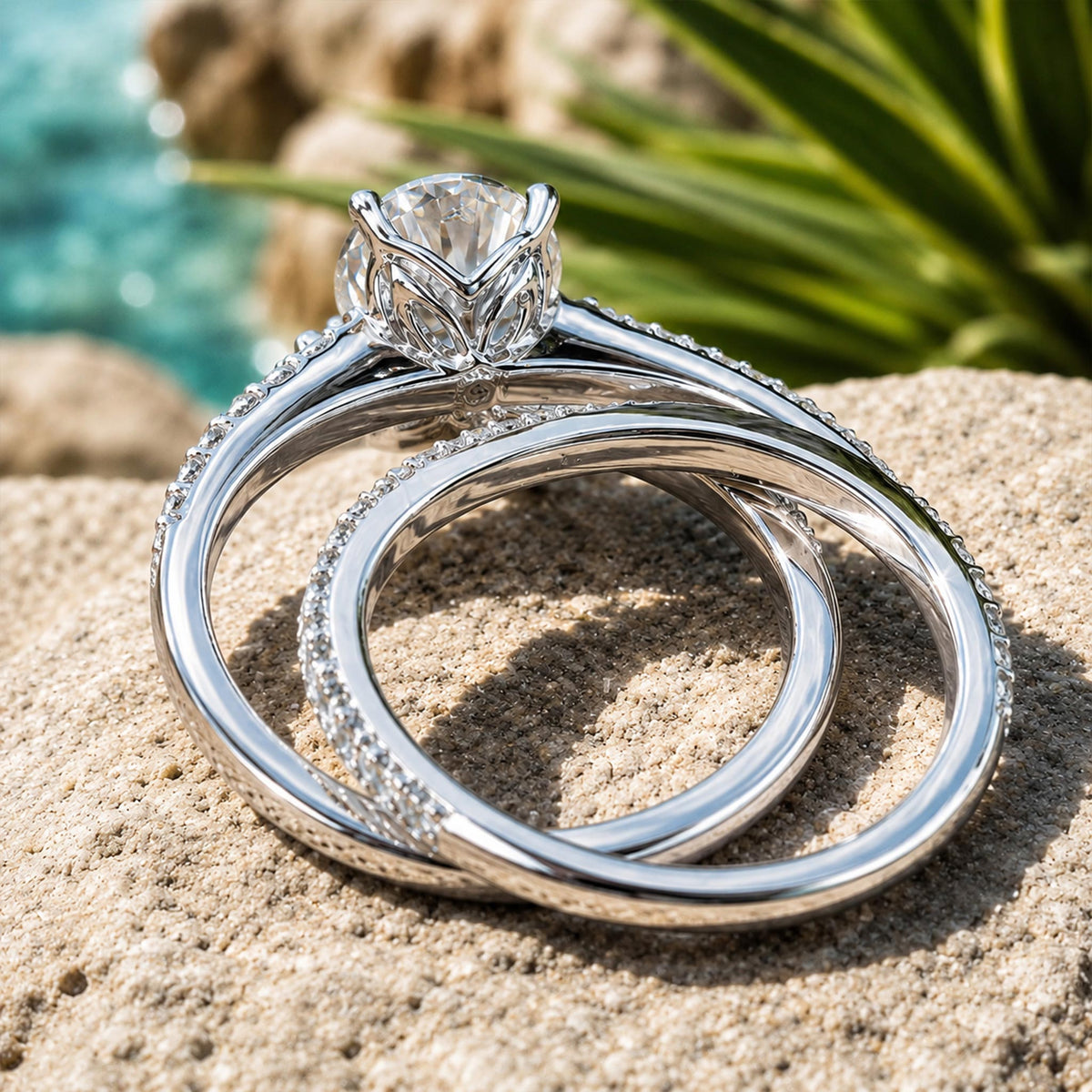 Modern Design Round Cut Moissanite Tulip Cathedral Basket Pave Shank Bridal Set With Round Cut Accent Stones #MCBSM0013