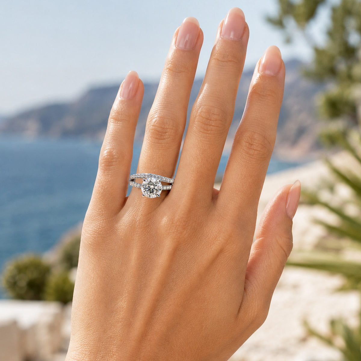 Modern Design Round Cut Moissanite Tulip Cathedral Basket Pave Shank Bridal Set With Round Cut Accent Stones #MCBSM0013