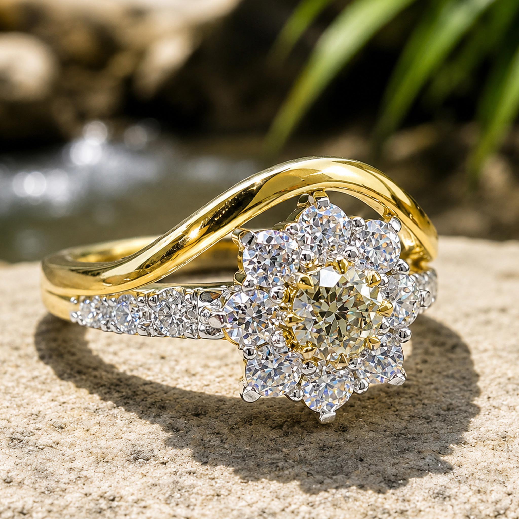Floral Halo Design Round Cut Moissanite Standard Basket Pave Shank Bridal Set With Round Cut Accent Stones #MCBSM0014