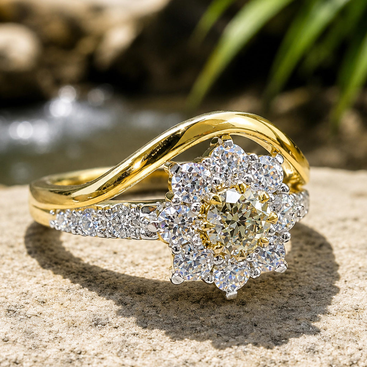 Floral Halo Design Round Cut Moissanite Standard Basket Pave Shank Bridal Set With Round Cut Accent Stones #MCBSM0014