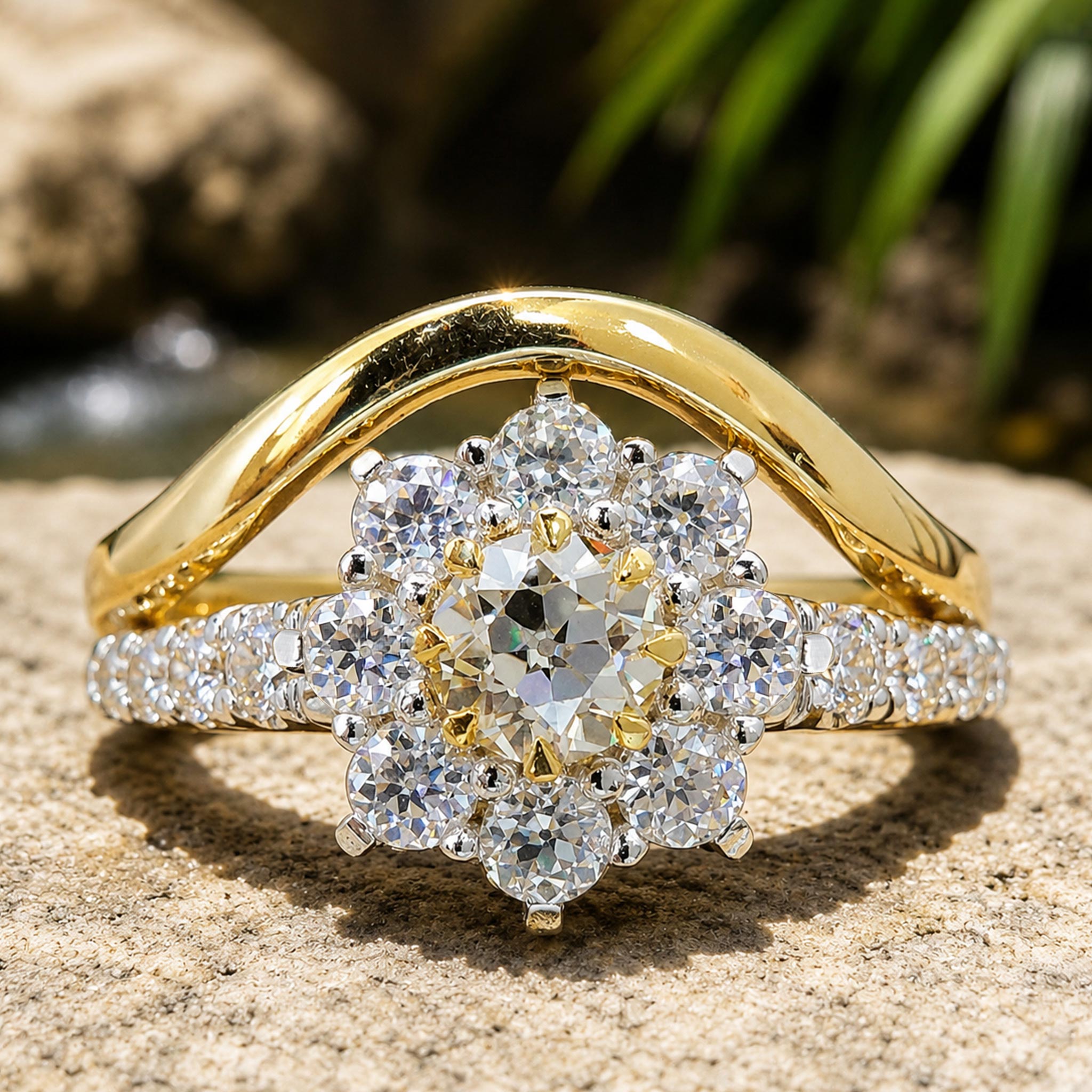 Floral Halo Design Round Cut Moissanite Standard Basket Pave Shank Bridal Set With Round Cut Accent Stones #MCBSM0014