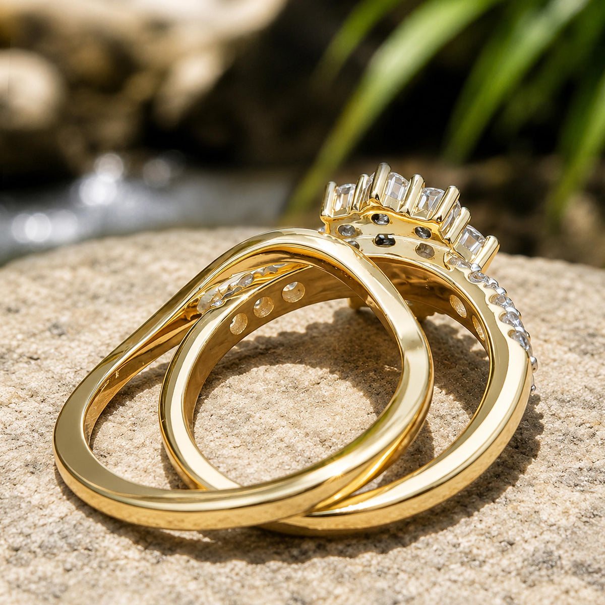 Floral Halo Design Round Cut Moissanite Standard Basket Pave Shank Bridal Set With Round Cut Accent Stones #MCBSM0014