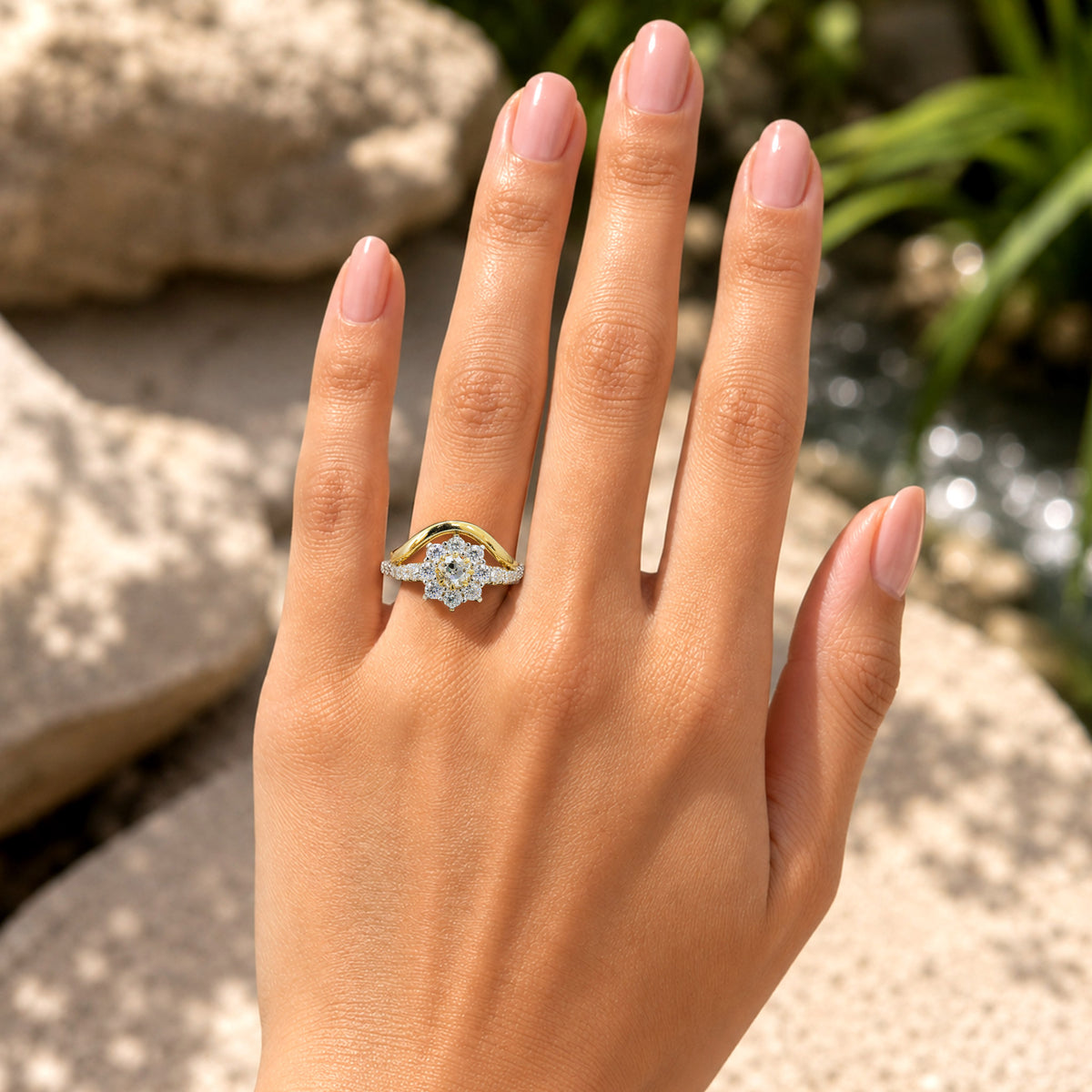 Floral Halo Design Round Cut Moissanite Standard Basket Pave Shank Bridal Set With Round Cut Accent Stones #MCBSM0014