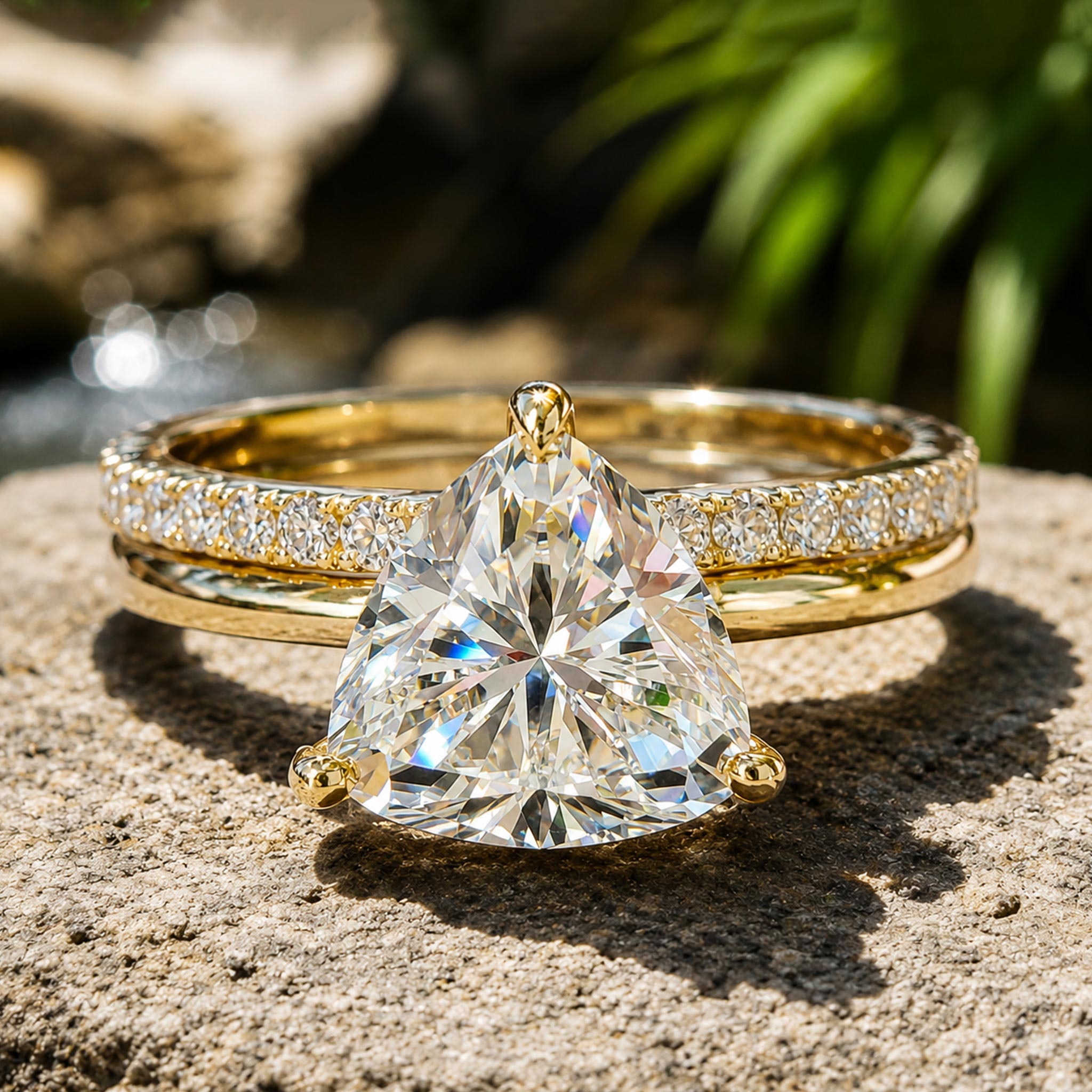Modern Design Trillion Cut Moissanite Open Basket Pave Shank Bridal Set With Round Cut Accent Stones #MCBSM0015
