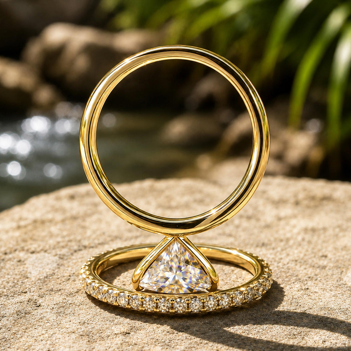 Modern Design Trillion Cut Moissanite Open Basket Pave Shank Bridal Set With Round Cut Accent Stones #MCBSM0015