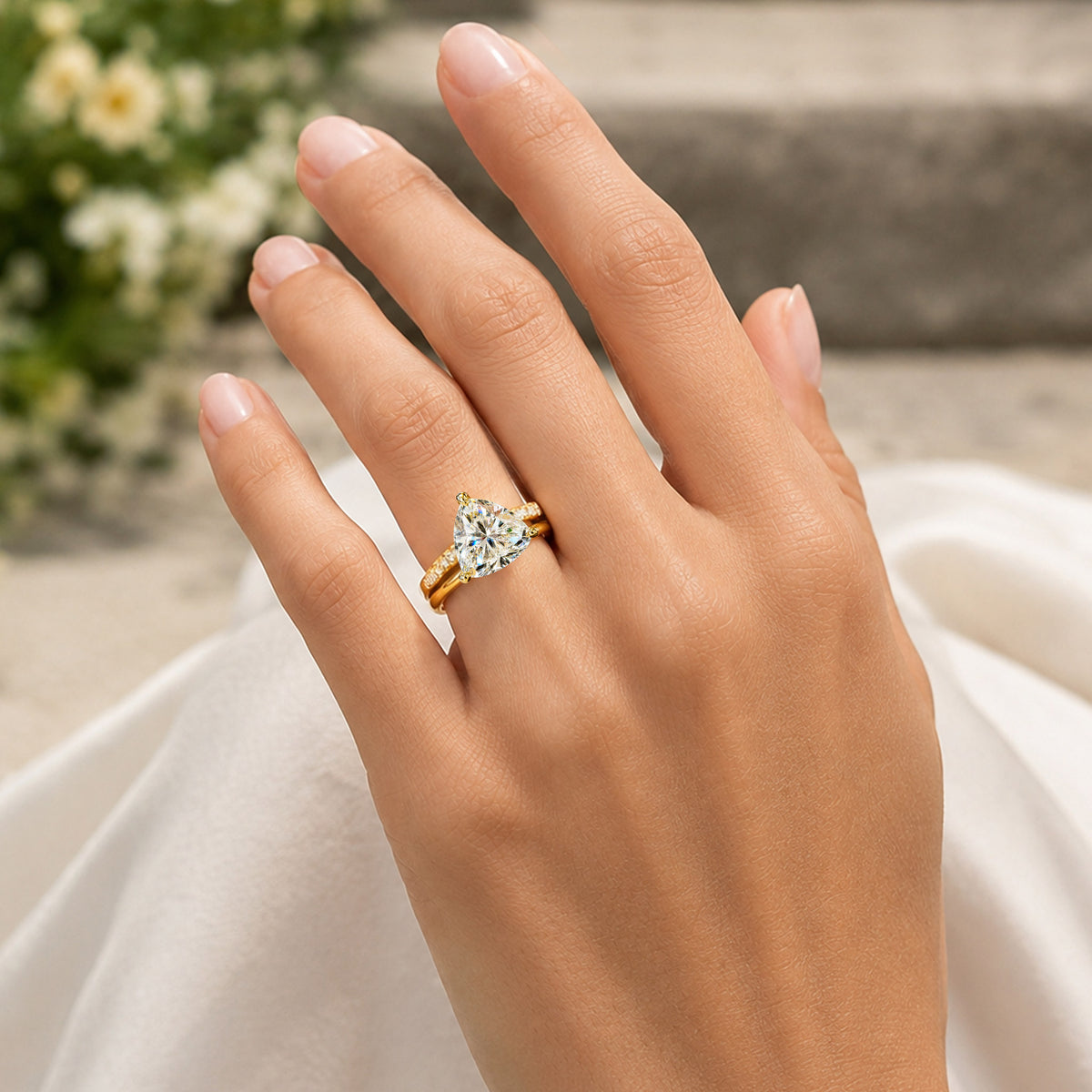 Modern Design Trillion Cut Moissanite Open Basket Pave Shank Bridal Set With Round Cut Accent Stones #MCBSM0015