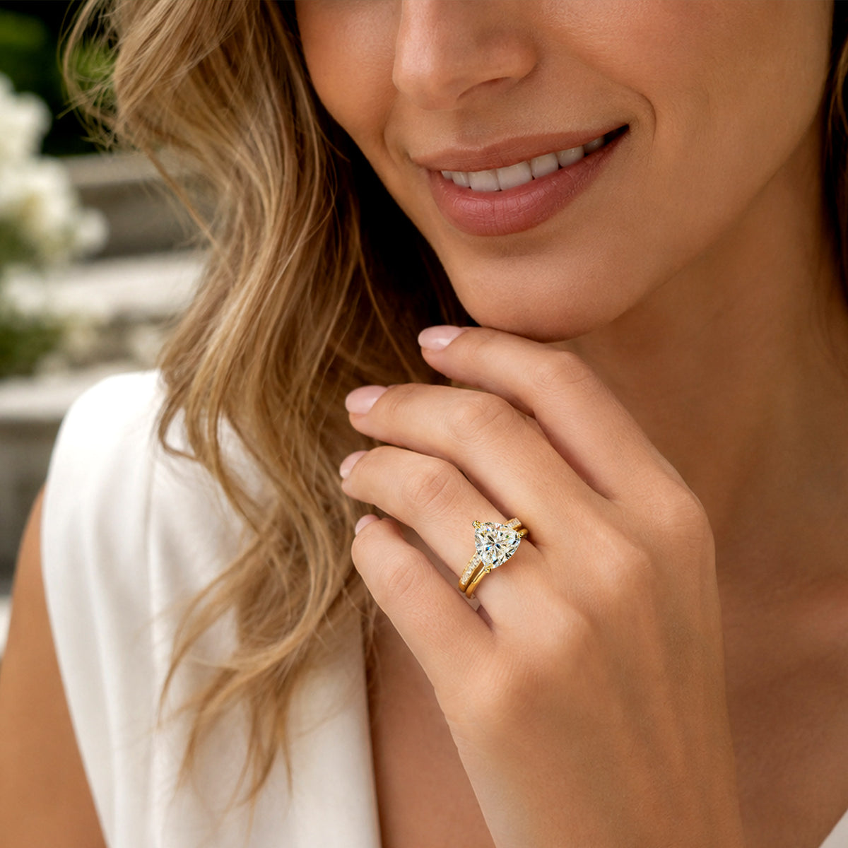 Modern Design Trillion Cut Moissanite Open Basket Pave Shank Bridal Set With Round Cut Accent Stones #MCBSM0015