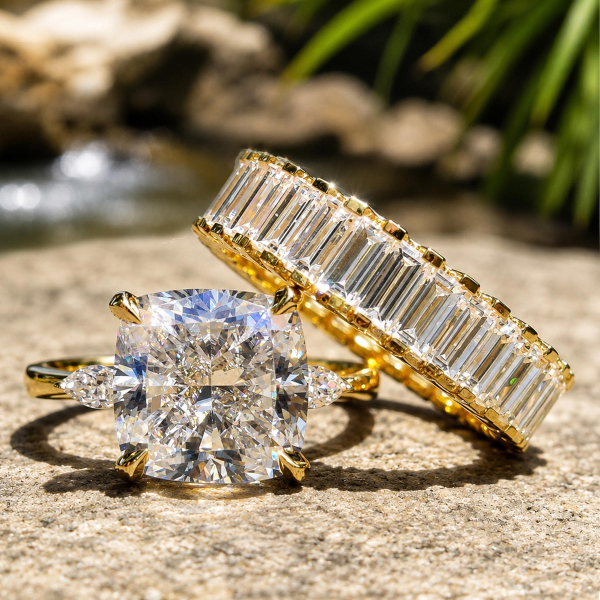 Art Deco Modern Design Princess Cut Moissanite Tulip Basket Pave Shank Bridal Set With Marquise Cut Baguette Cut Accent Stones #MCBSM0016