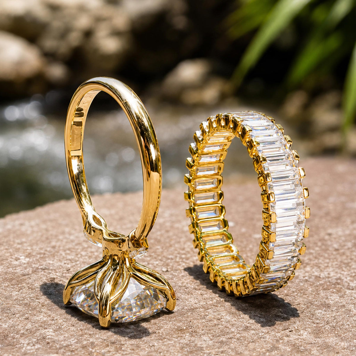 Art Deco Modern Design Princess Cut Moissanite Tulip Basket Pave Shank Bridal Set With Marquise Cut Baguette Cut Accent Stones #MCBSM0016