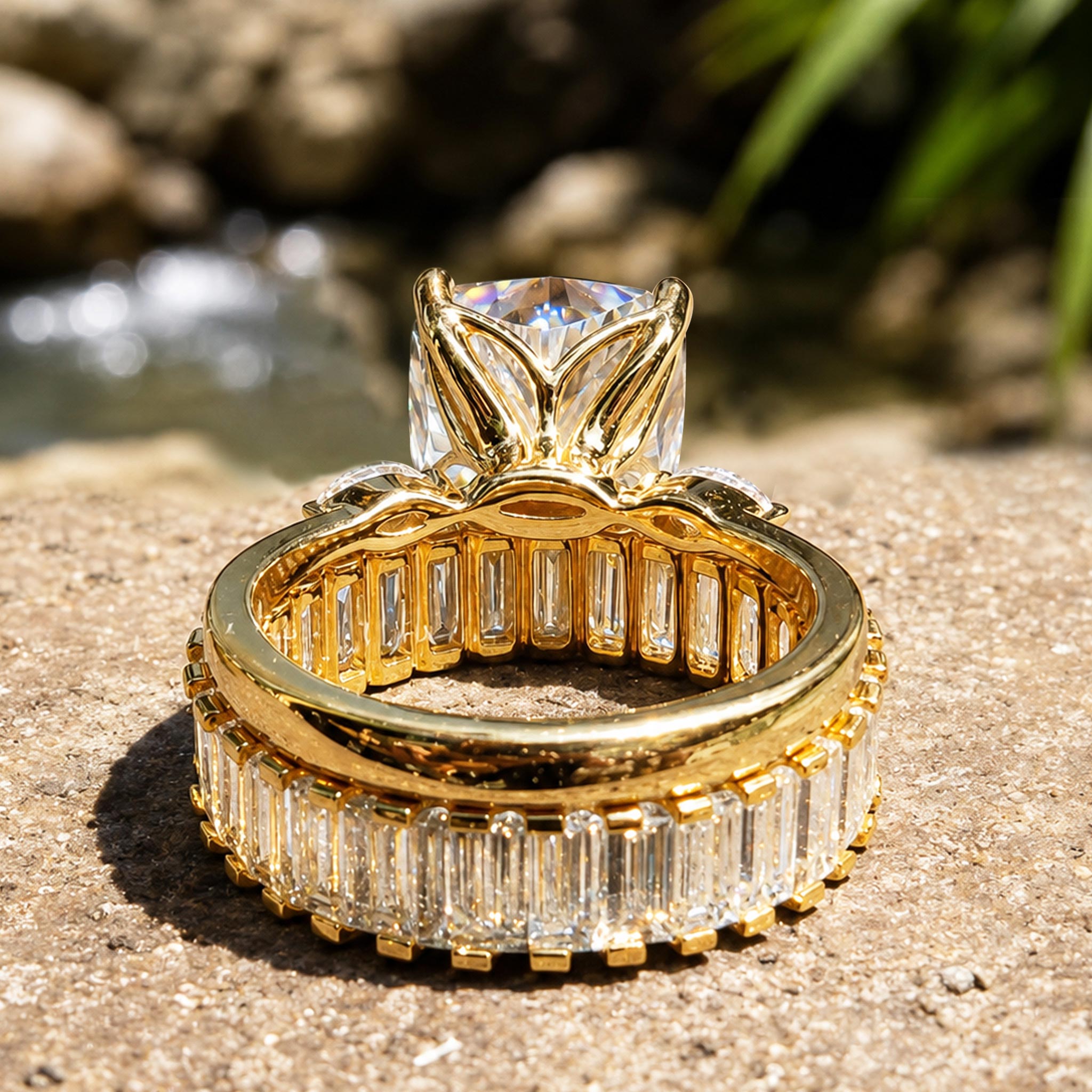 Art Deco Modern Design Princess Cut Moissanite Tulip Basket Pave Shank Bridal Set With Marquise Cut Baguette Cut Accent Stones #MCBSM0016