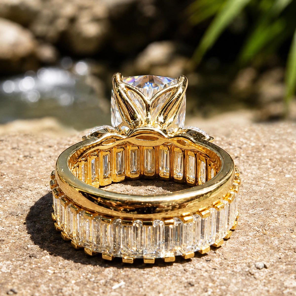 Art Deco Modern Design Princess Cut Moissanite Tulip Basket Pave Shank Bridal Set With Marquise Cut Baguette Cut Accent Stones #MCBSM0016