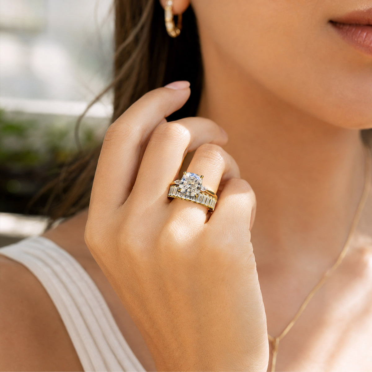 Art Deco Modern Design Princess Cut Moissanite Tulip Basket Pave Shank Bridal Set With Marquise Cut Baguette Cut Accent Stones #MCBSM0016