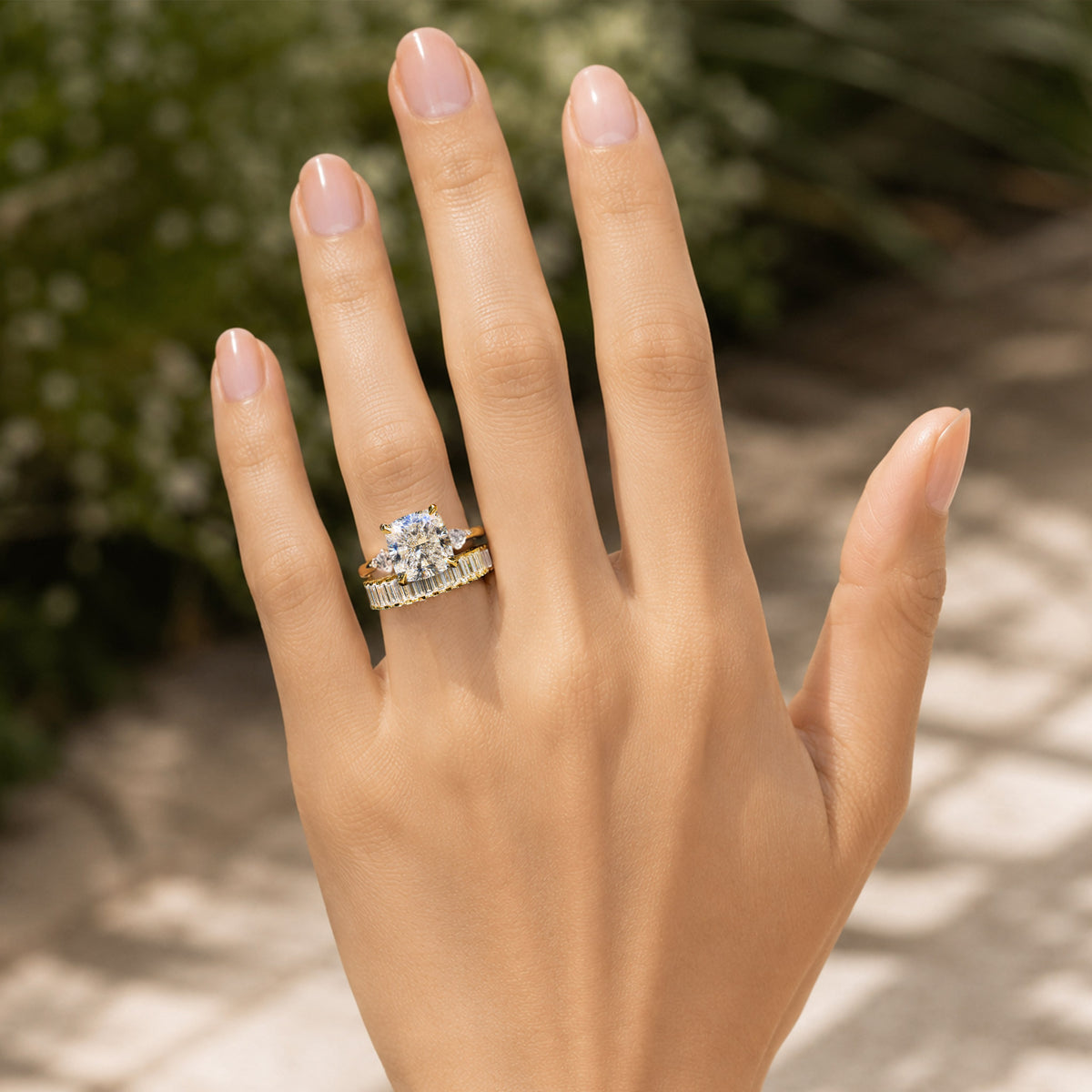 Art Deco Modern Design Princess Cut Moissanite Tulip Basket Pave Shank Bridal Set With Marquise Cut Baguette Cut Accent Stones #MCBSM0016