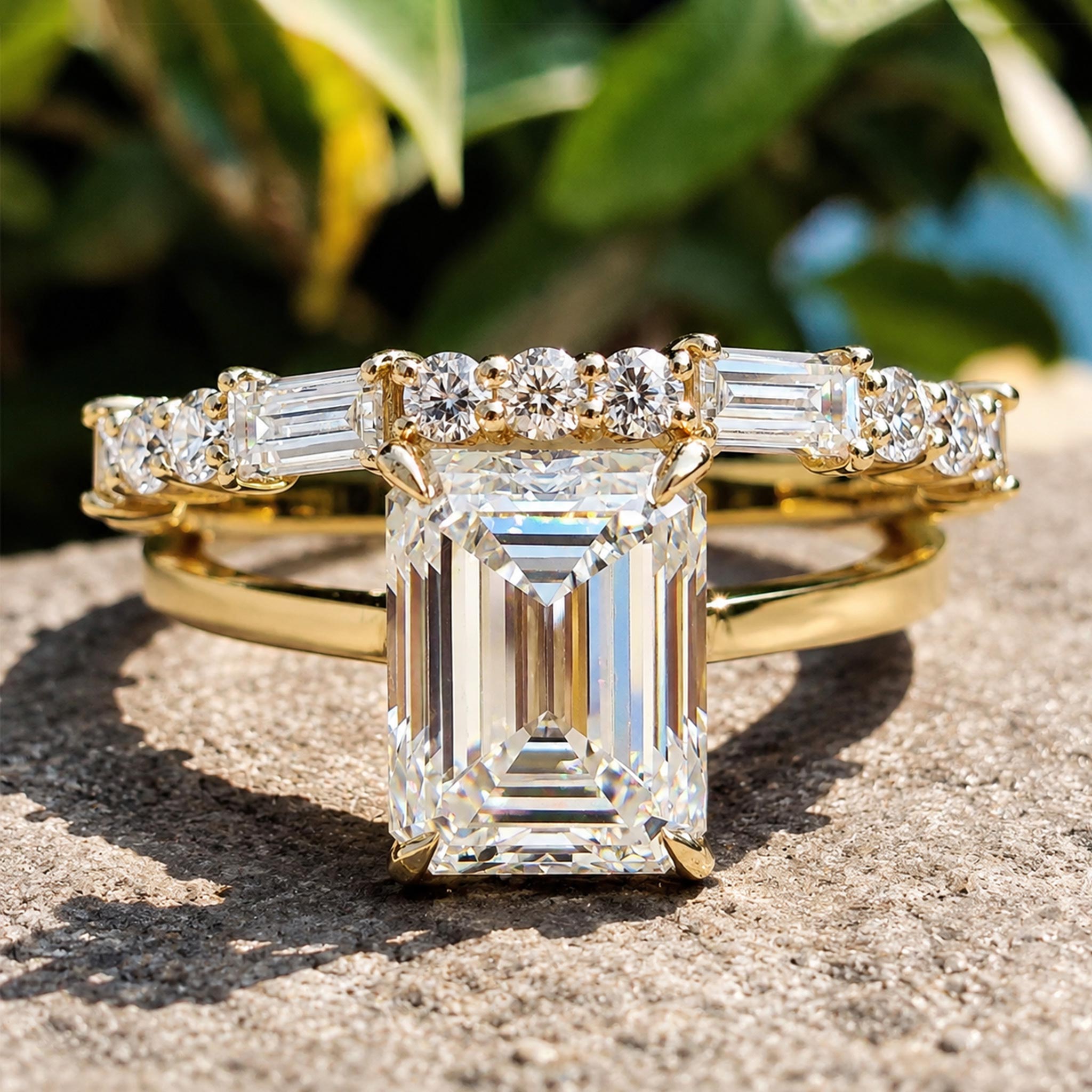 Hidden Halo Modern Design Emerald Cut Moissanite Pave Shank Bridal Set With Round Cut And Baguette Cut Accent Stones #MCBSM0018