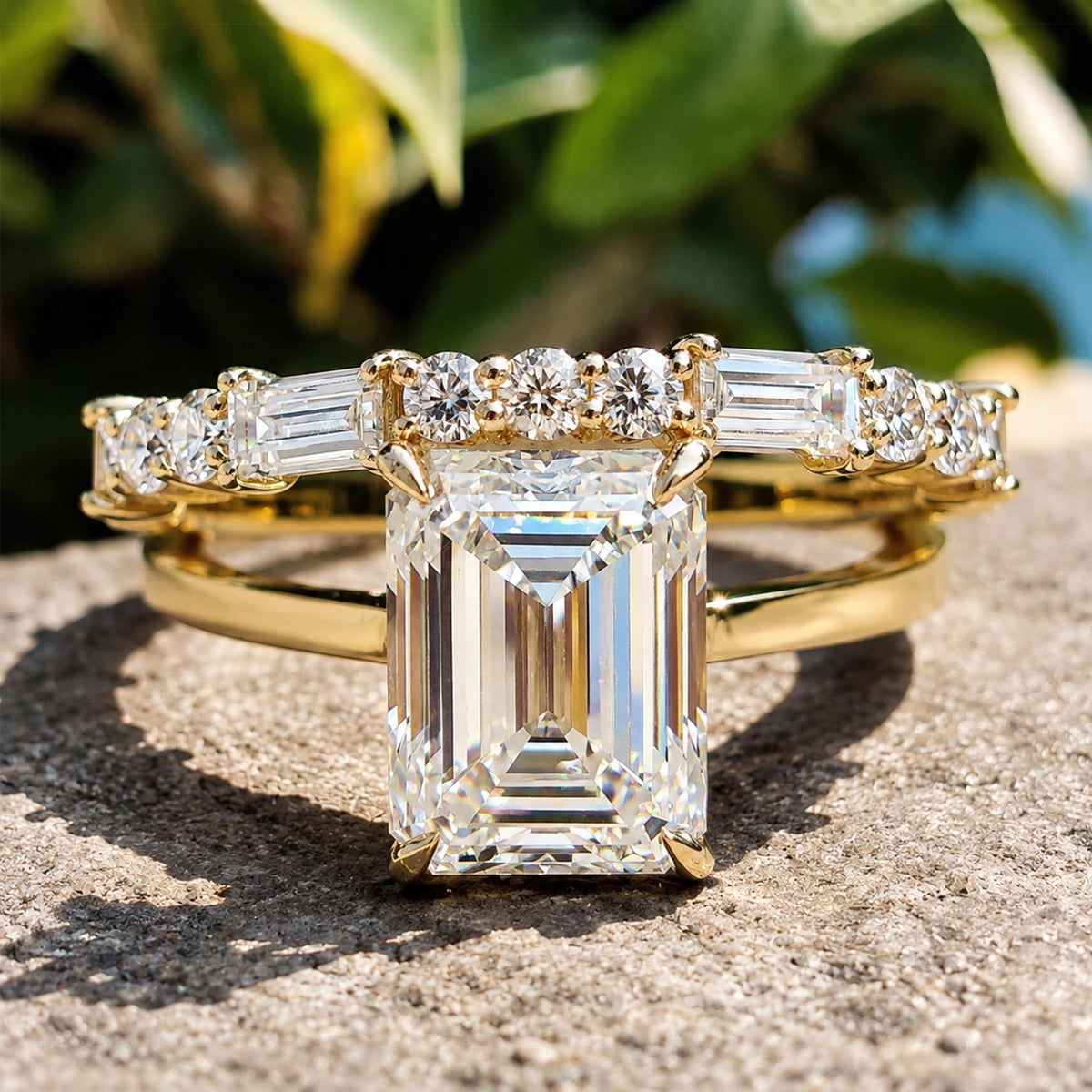 Hidden Halo Modern Design Emerald Cut Moissanite Pave Shank Bridal Set With Round Cut And Baguette Cut Accent Stones #MCBSM0018