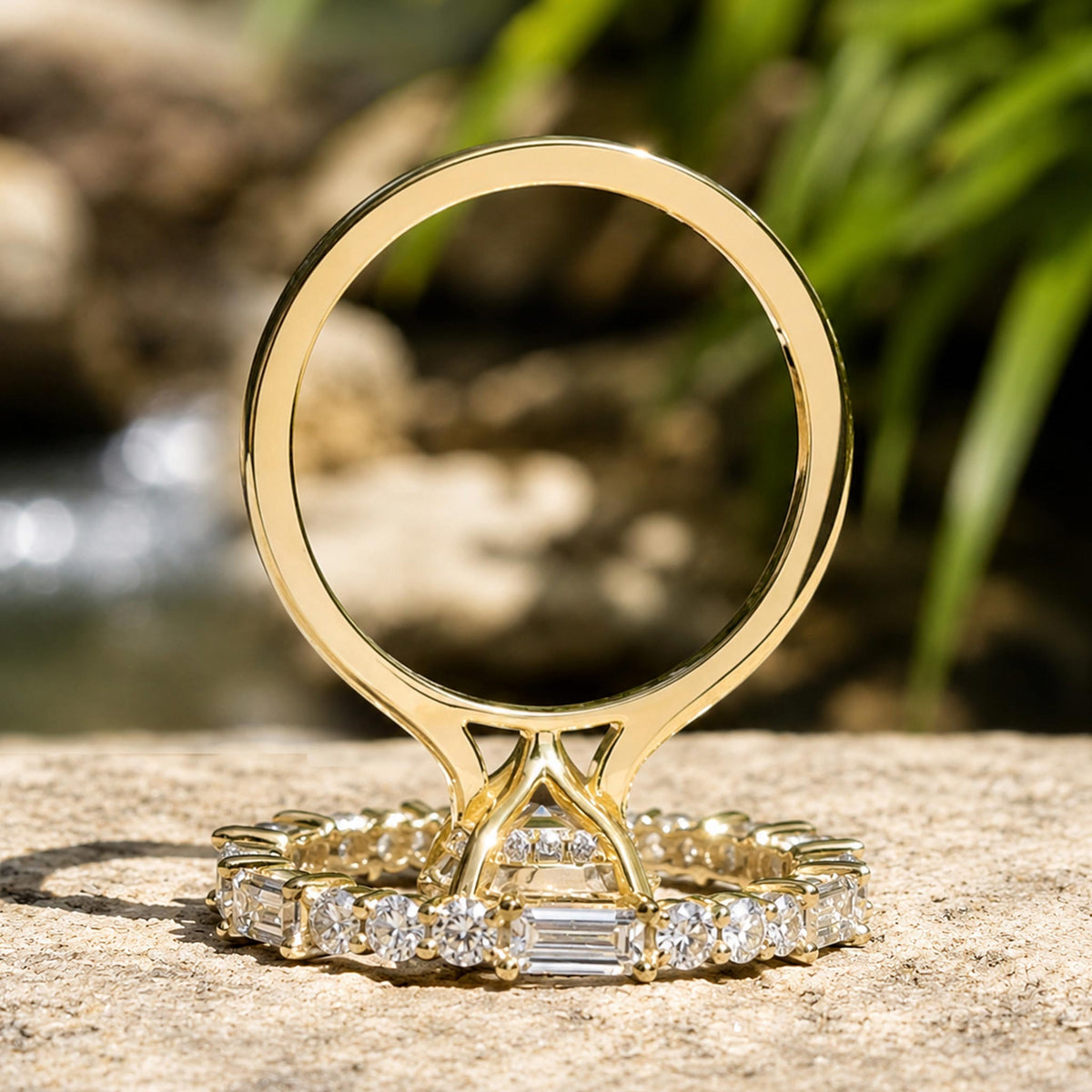 Hidden Halo Modern Design Emerald Cut Moissanite Pave Shank Bridal Set With Round Cut And Baguette Cut Accent Stones #MCBSM0018