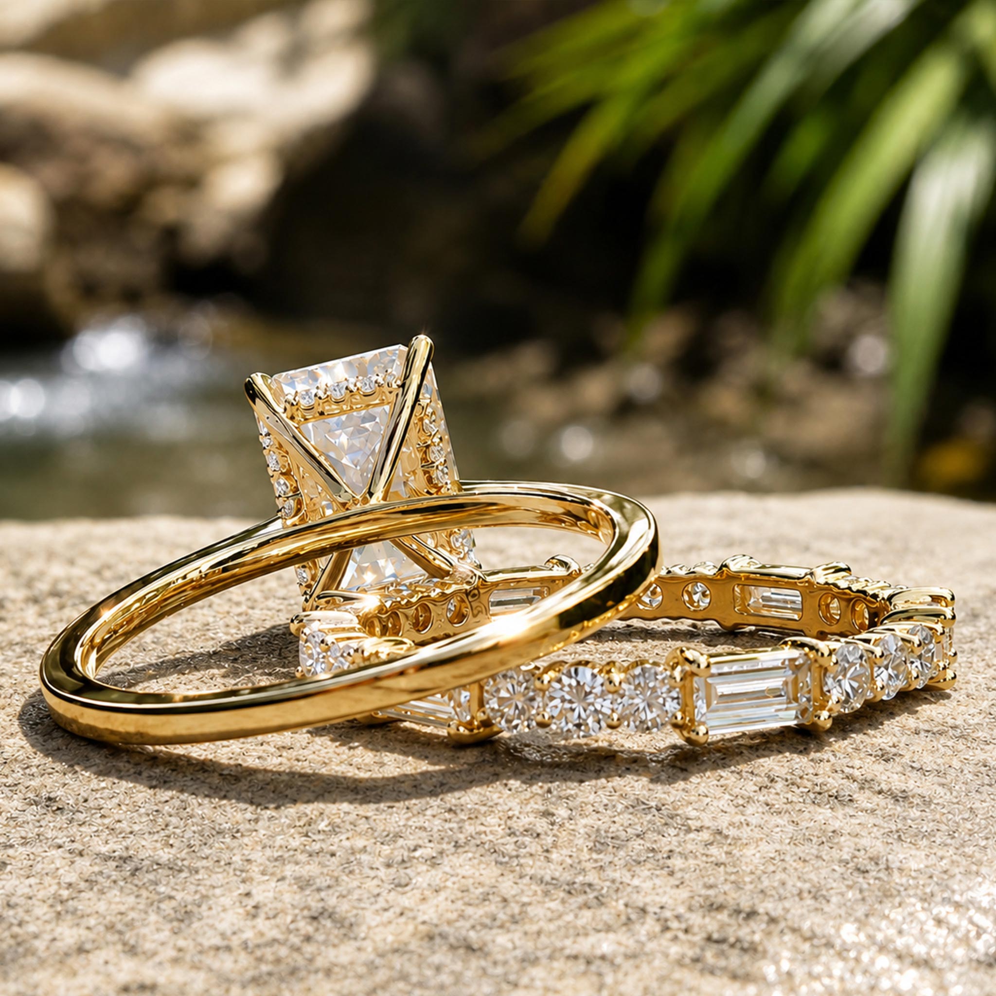 Hidden Halo Modern Design Emerald Cut Moissanite Pave Shank Bridal Set With Round Cut And Baguette Cut Accent Stones #MCBSM0018