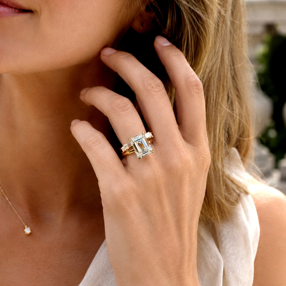 Hidden Halo Modern Design Emerald Cut Moissanite Pave Shank Bridal Set With Round Cut And Baguette Cut Accent Stones #MCBSM0018