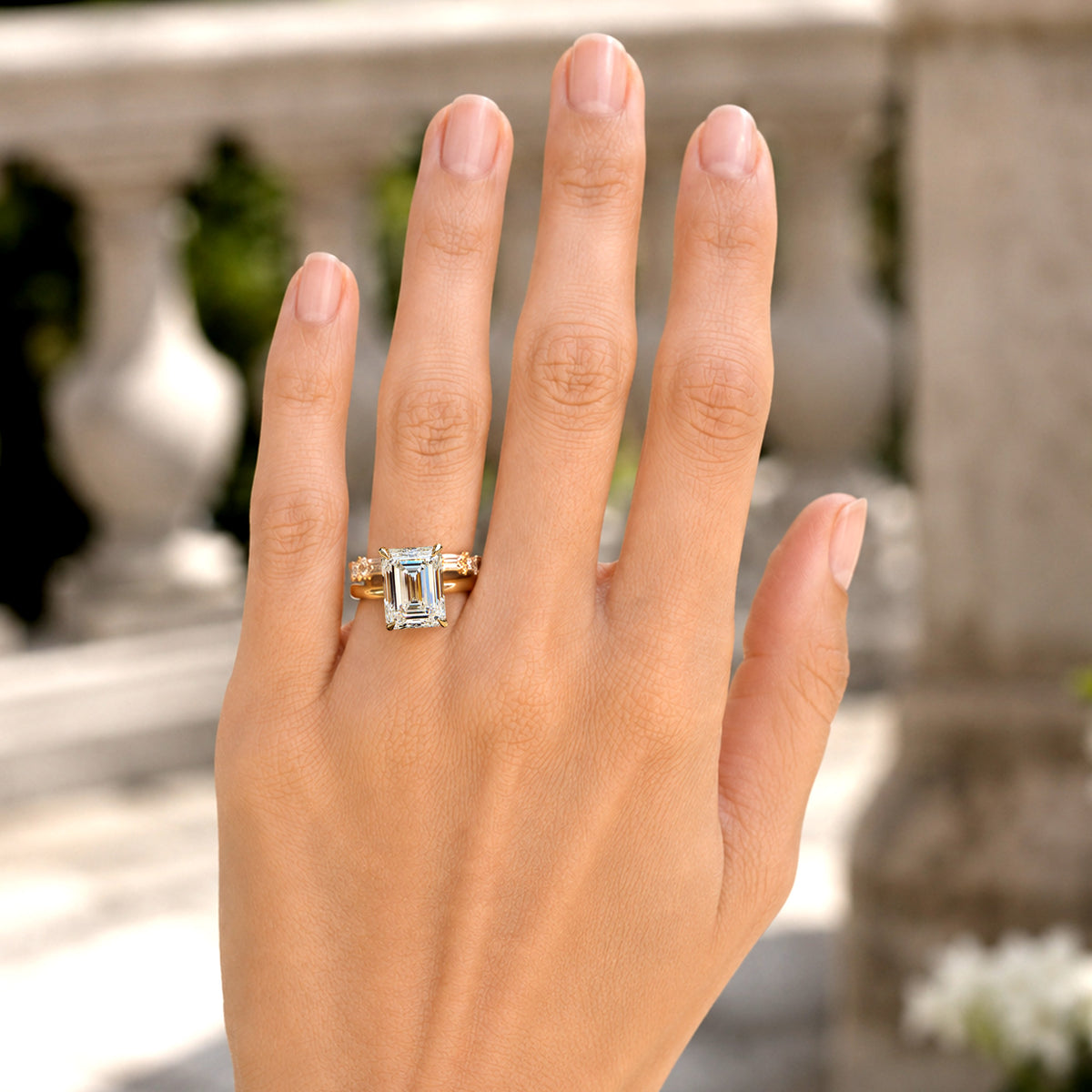 Hidden Halo Modern Design Emerald Cut Moissanite Pave Shank Bridal Set With Round Cut And Baguette Cut Accent Stones #MCBSM0018