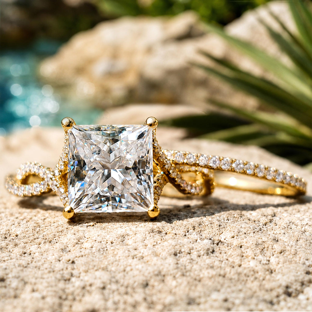 Hidden Halo Vintage Design Princess Cut Moissanite Cathedral Basket Pave Infinity Shank Milgrain Bridal Set With Round Cut Accent Stones #MCBSM0021