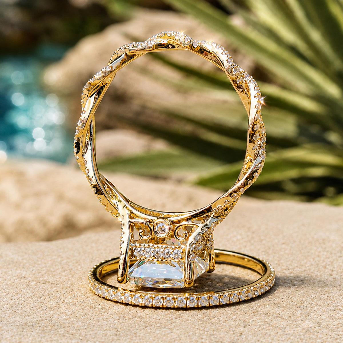 Hidden Halo Vintage Design Princess Cut Moissanite Cathedral Basket Pave Infinity Shank Milgrain Bridal Set With Round Cut Accent Stones #MCBSM0021