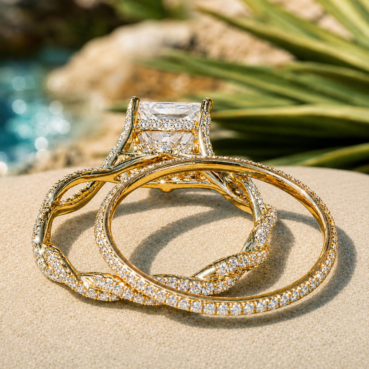 Hidden Halo Vintage Design Princess Cut Moissanite Cathedral Basket Pave Infinity Shank Milgrain Bridal Set With Round Cut Accent Stones #MCBSM0021