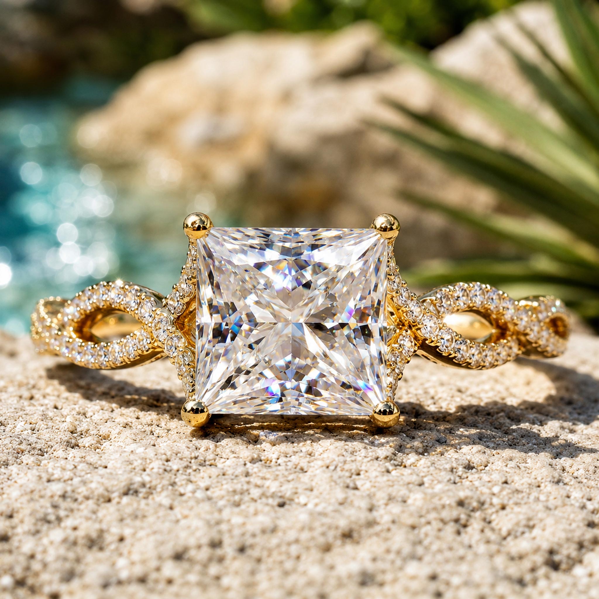 Hidden Halo Vintage Design Princess Cut Moissanite Cathedral Basket Pave Infinity Shank Milgrain Bridal Set With Round Cut Accent Stones #MCBSM0021