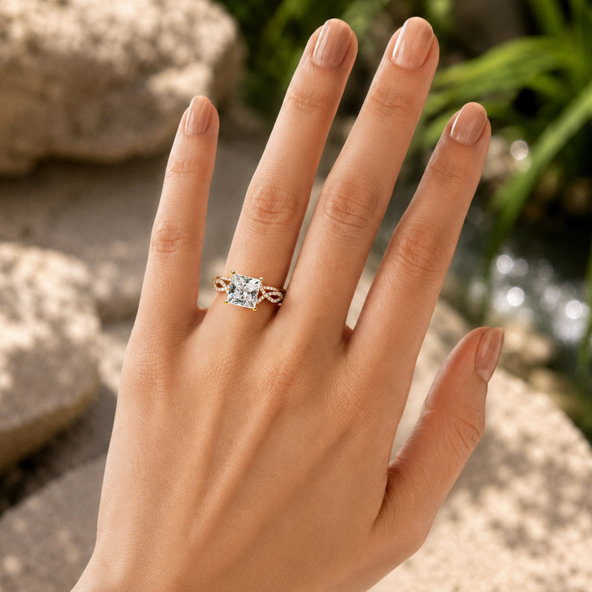 Hidden Halo Vintage Design Princess Cut Moissanite Cathedral Basket Pave Infinity Shank Milgrain Bridal Set With Round Cut Accent Stones #MCBSM0021