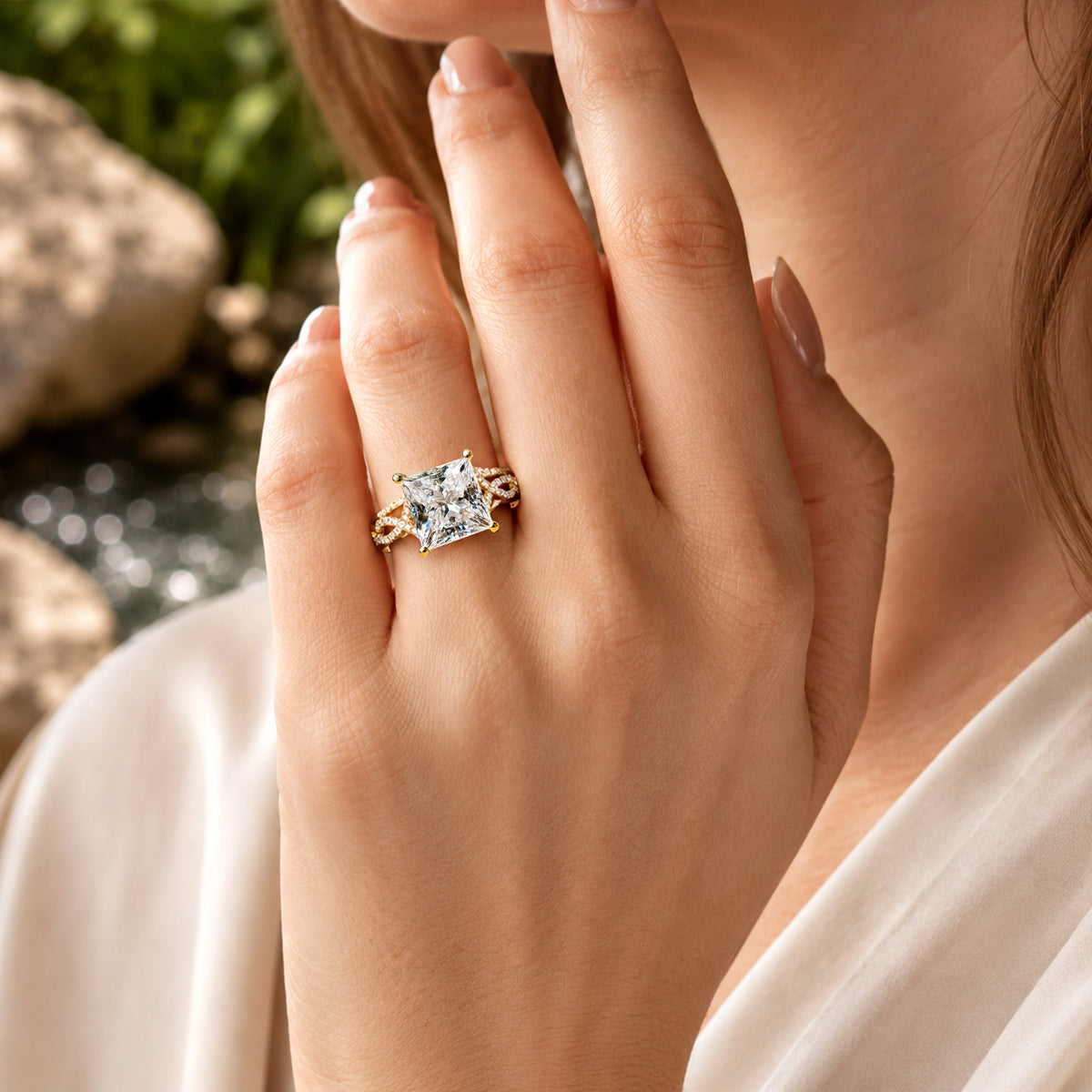 Hidden Halo Vintage Design Princess Cut Moissanite Cathedral Basket Pave Infinity Shank Milgrain Bridal Set With Round Cut Accent Stones #MCBSM0021