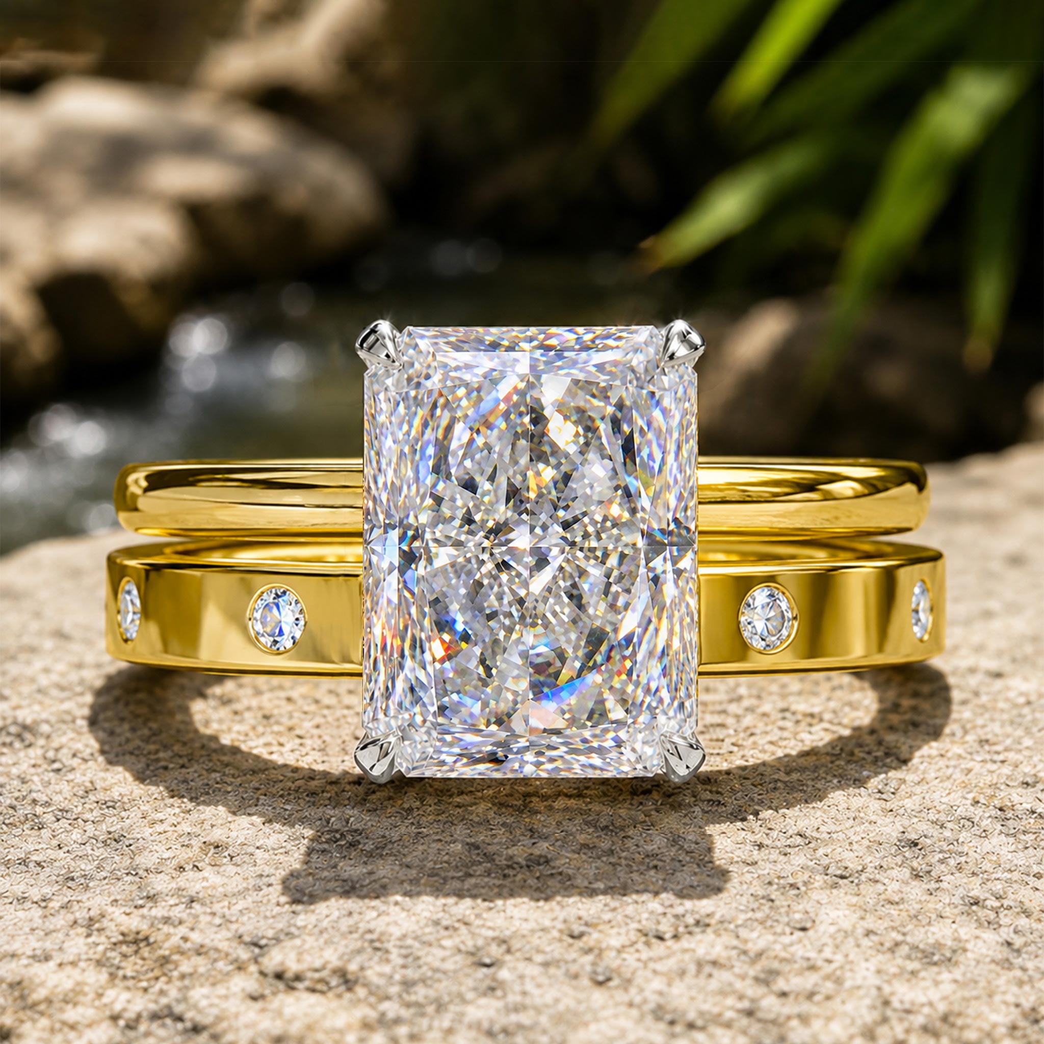 Classic Halo Hidden Design Radiant Cut Moissanite Center Stone Bridal Set With Modern Pave Band #MCBSM0022